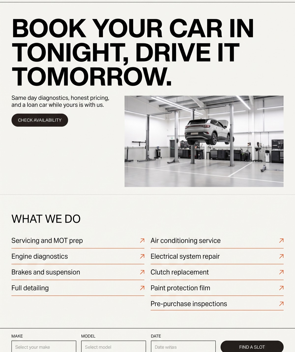 Concept home page for a garage: the headline Book your car in tonight, drive it tomorrow, a photograph of a workshop, and a list of services