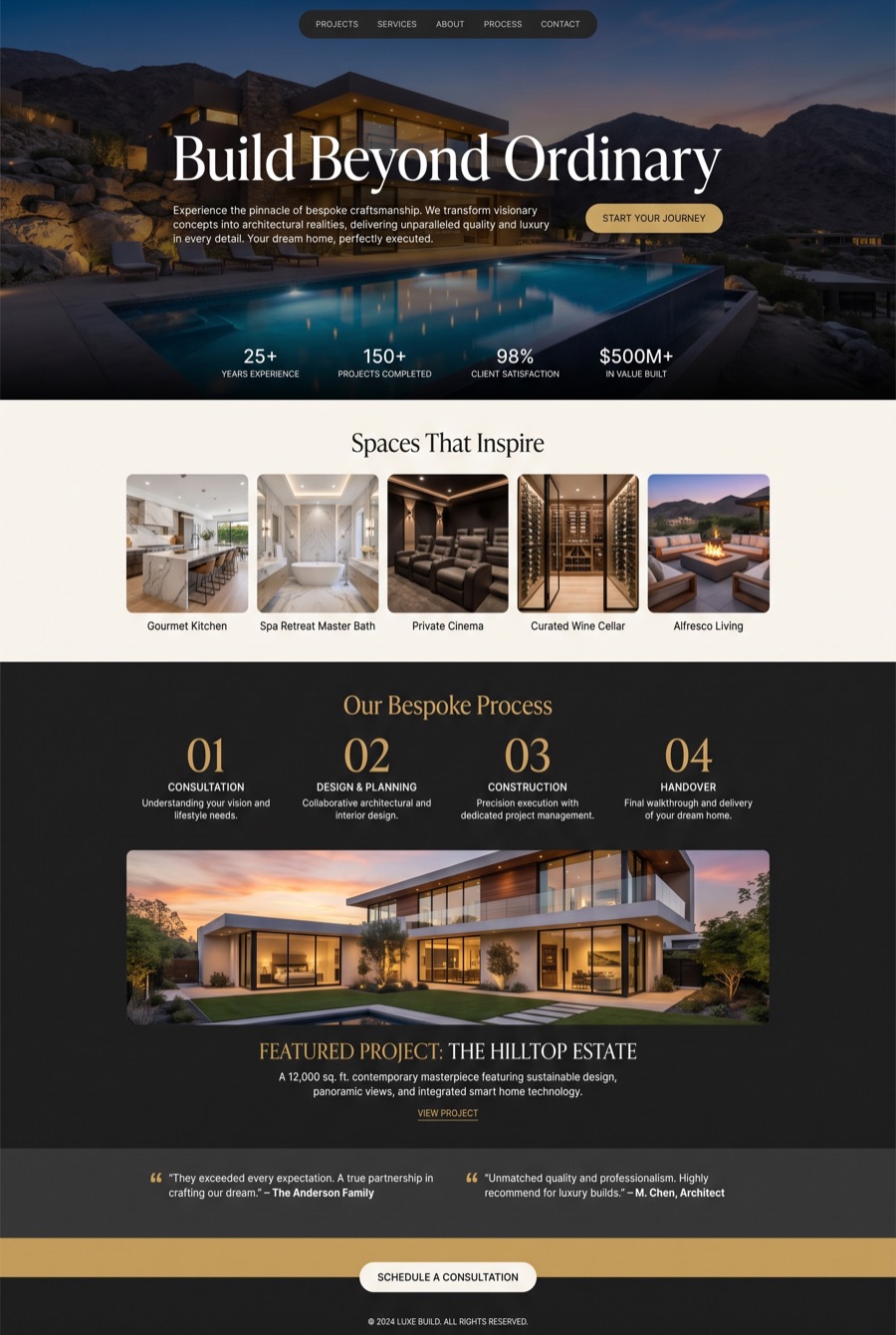 A home page we designed for a building company: a full width photograph, a large headline and a booking button