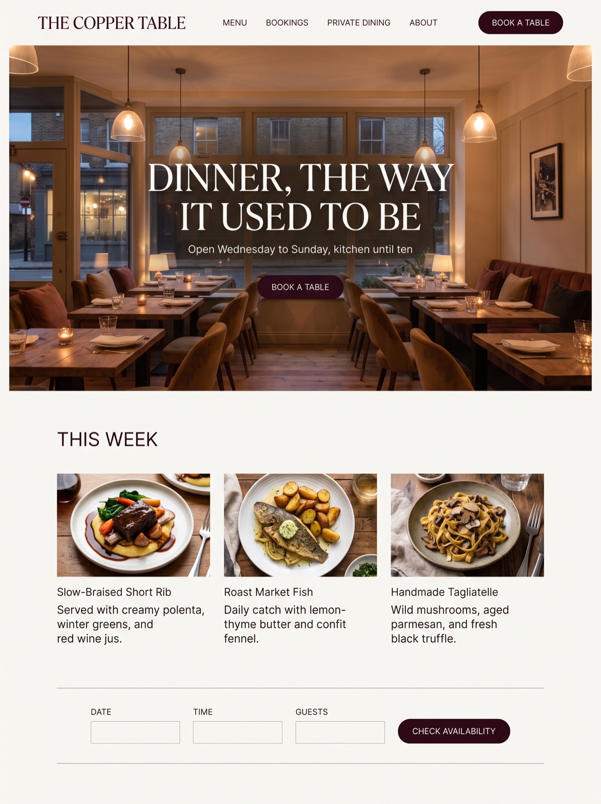 Concept home page for a restaurant: a photograph of the dining room at dusk, the headline Dinner, the way it used to be, and a table booking form