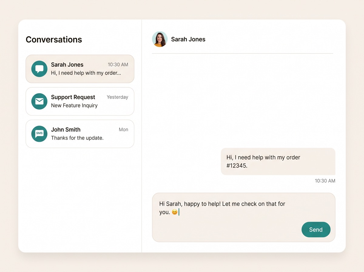A support inbox handling chat, SMS and email in one place
