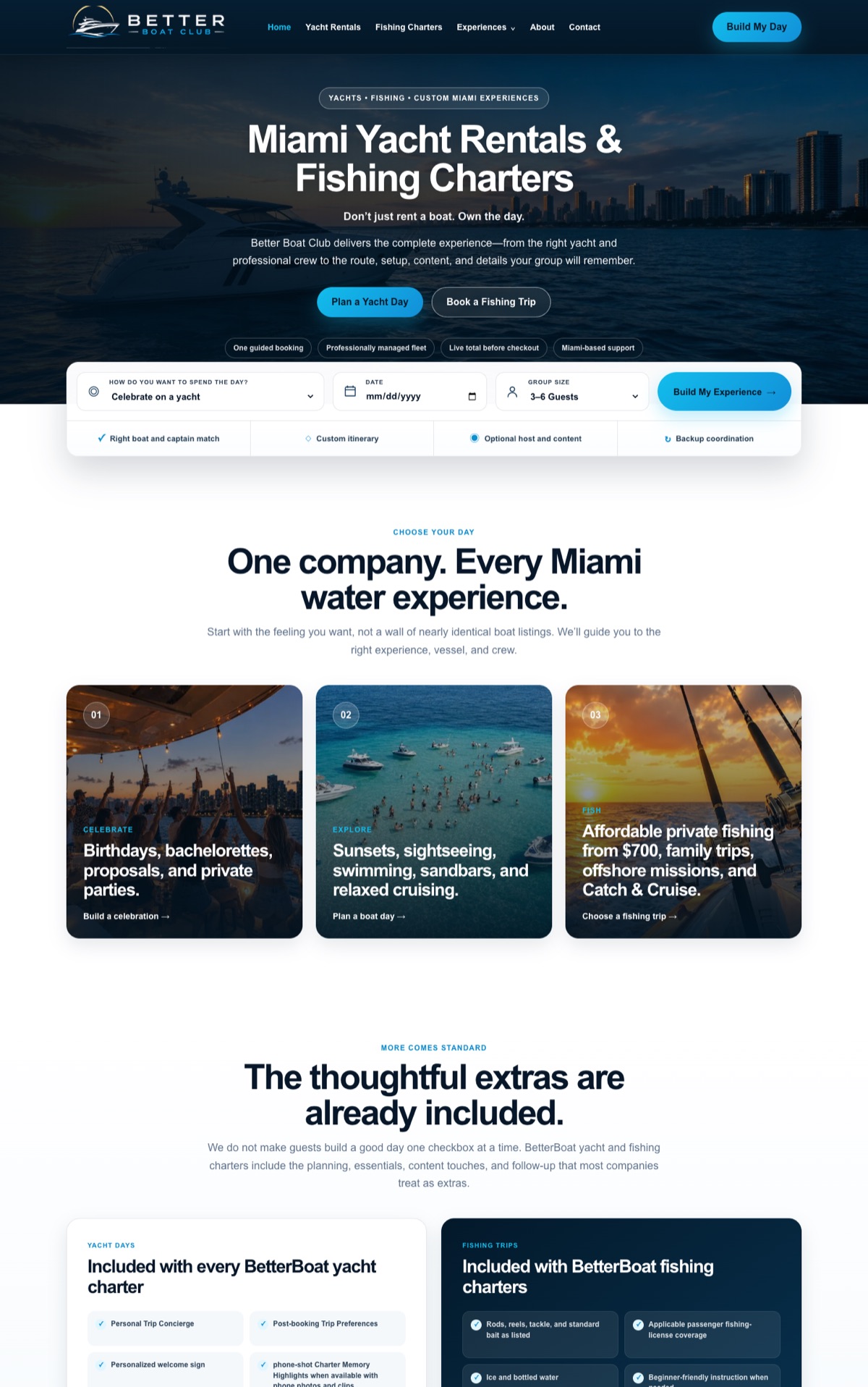 The Better Boat Club home page: a yacht at dusk, the headline Miami yacht rentals and fishing charters, and a booking bar asking how you want to spend the day